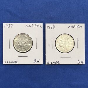 Set of Brilliant Uncirculated 1937 & 1938 Canada Silver 25¢ Quarters!